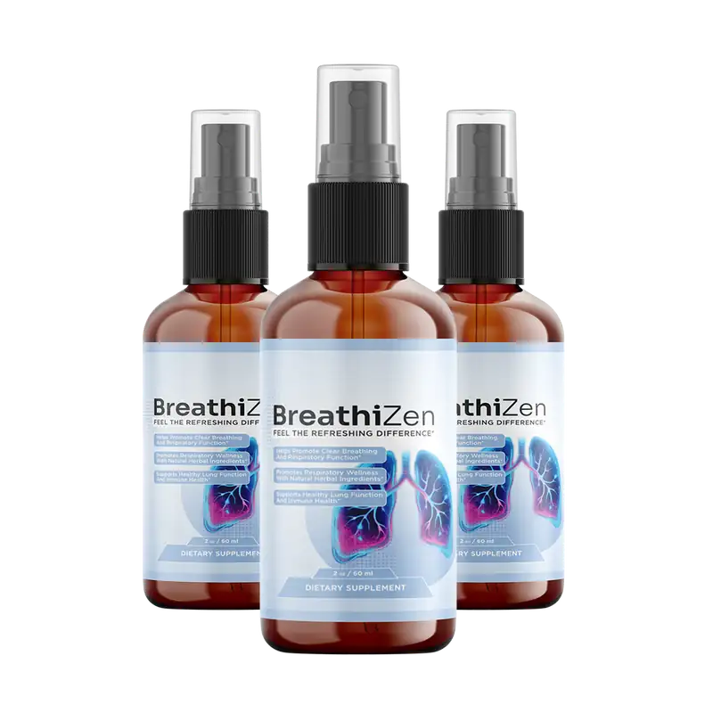 Three bottles of Breathizen dietary supplement for respiratory wellness